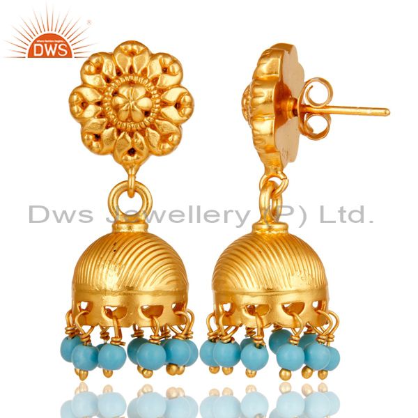 Exporter 18k Gold Plated Sterling Silver Handmade Jhumka Earrings with Turquoise