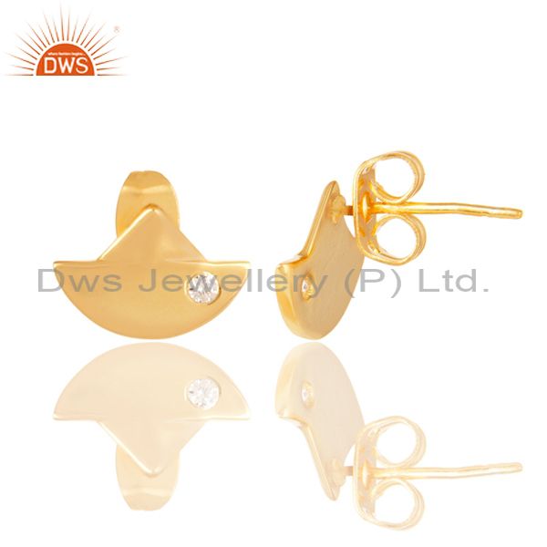 Exporter 14K Gold Plated 925 Sterling Silver Handmade White Zirconia Studs Earrings