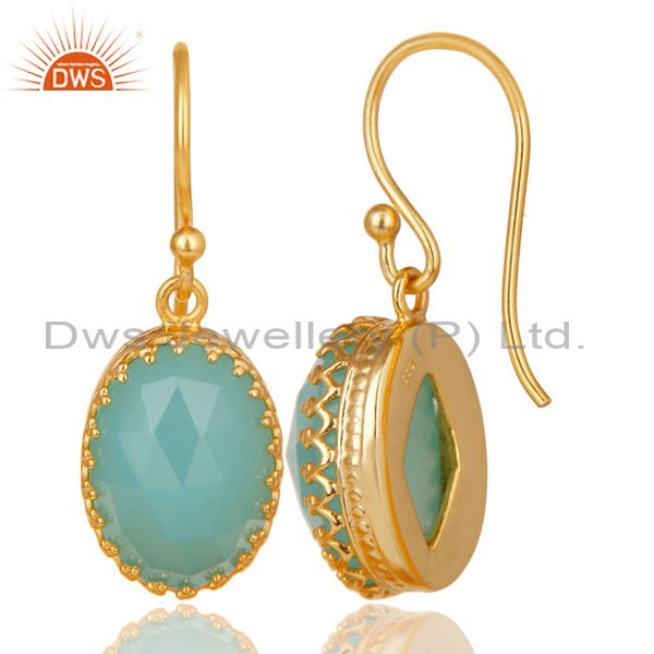 Exporter 14K Gold Plated 925 Sterling Silver Dyed Chalcedony Prong Set Drops Earrings
