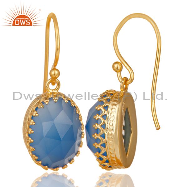 Exporter 14K Yellow Gold Plated 925 Sterling Silver Dyed Blue Chalcedony Drops Earrings