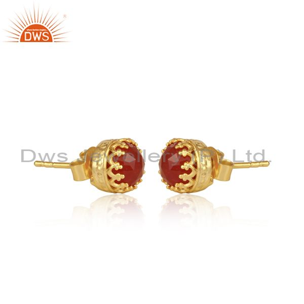 Red Onyx Set Gold On Sterling Silver Crown Shaped Earrings