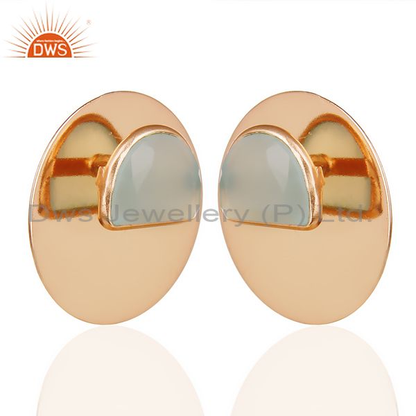 Exporter 14K Rose Gold Plated 925 Silver Round Design Dyed Aqua Chalcedony Stud Earrings