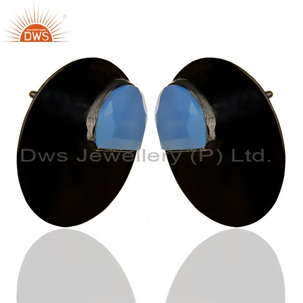 Exporter Black Oxidized 925 Silver Round Design Aqua Blue Chalcedony Stud Earrings