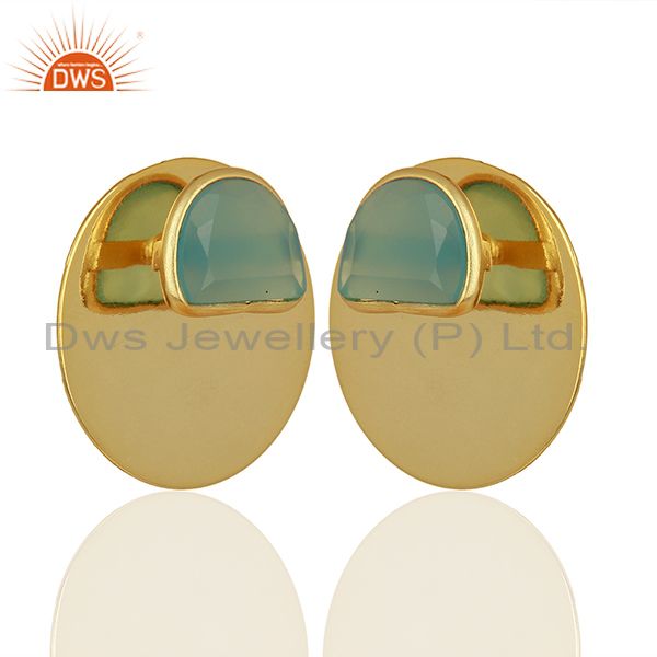 Exporter Gold Plated 925 Sterling Silver Blue Chalcedony Gemstone Stud Earrings