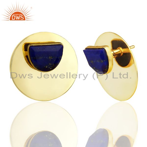 Exporter 14K Gold Plated 925 Sterling Silver Round Design Lapis Lazuli Studs Earrings
