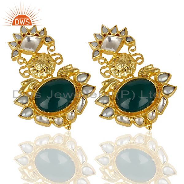 Exporter Green Onyx Pearl Gemstone Gold Plated Silver Earrings Supplier