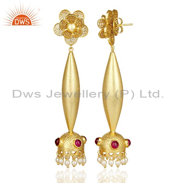 Exporter Filigreen Gold And Pearl Bollywood Red Stone Jhumka Gold Plated Silver Earring
