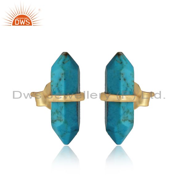 Designer handcrafted turquoise pencil gold on sterling silver stud