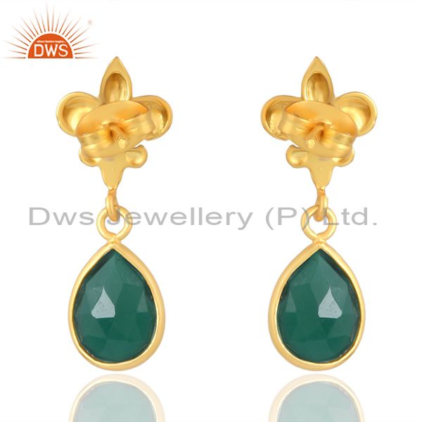 Floral Pattern Womens Green Onyx Pear Brass Gold 18K Drop