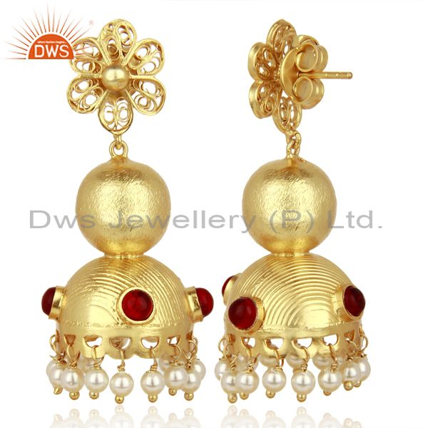 Exporter Red Stone Studded Traditional Bollywood Jhumka Gold Plated 92.5 Silver Jewelry