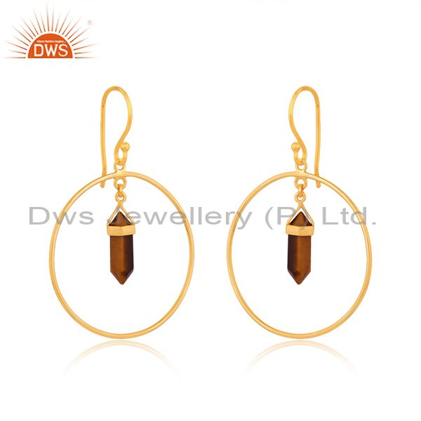 Exporter Tigereye Hoop Earring,Pencil Terminated Earring Gold Plated Silve Earring