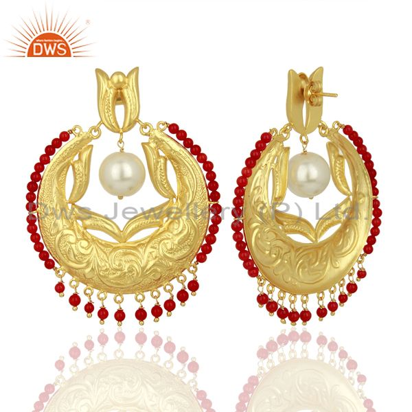 Exporter CZ Coral Gemstone Gold Plated Silver Chand Bali Traditional Earrings