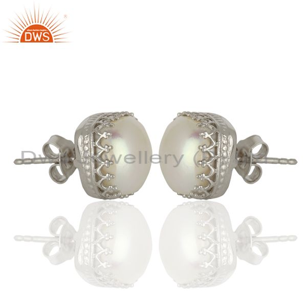 Exporter 925 Silver Crown Design Natural Pearl Gemstone Stud Earrings Supplier