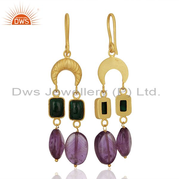 Exporter Malachite and Amethyst Gemstone Gold Plated 925 Silver Earring Jewelry
