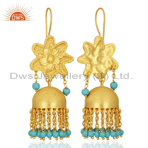 Exporter Turquoise Gemstone Gold Plated Silver Traditional Jhumka Earrings