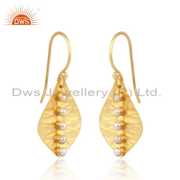 Pearls Set Gold Plated Hammered Silver Single Leaf Earrings