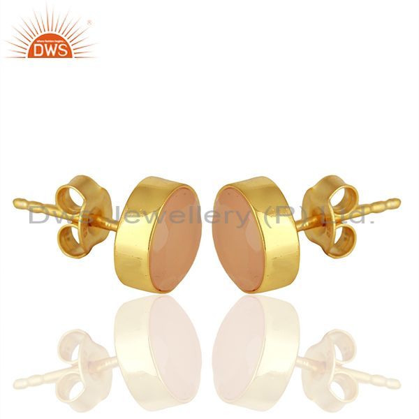 Exporter Gold Plated Sterling Silver Rose Chalcedony Gemstone Stud Earrings