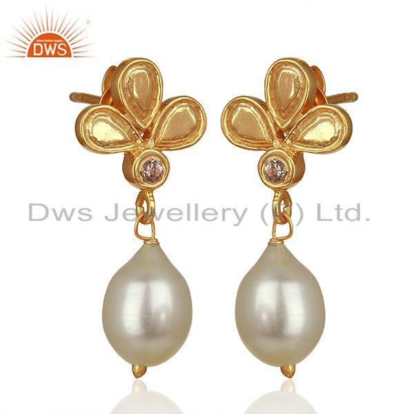 Exporter Leaf Design 925 Silver Gold Plated Pearl Earrings Jewelry Manufacturer