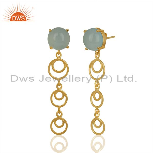 Wholesale Gold Plated 925 Silver Aqua Chalcedony Gemstone Dangle Earrings