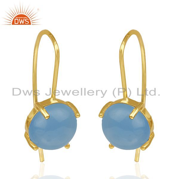 Exporter Blue Chalcedony Gemstone 925 Silver Gold Plated Drop Earrings Wholesale