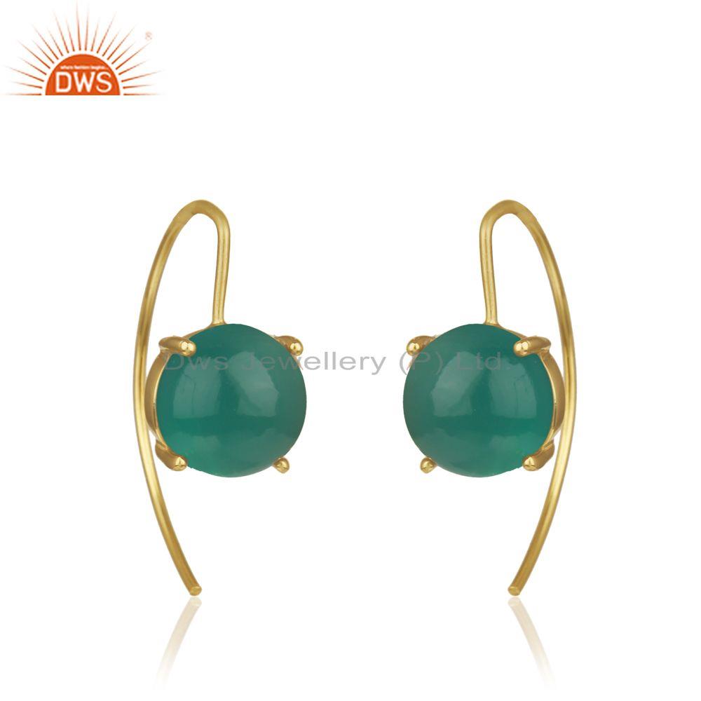Manufacturer of Green Onyx Gemstone Gold Plated Sterling Silver Earrings Wholesale