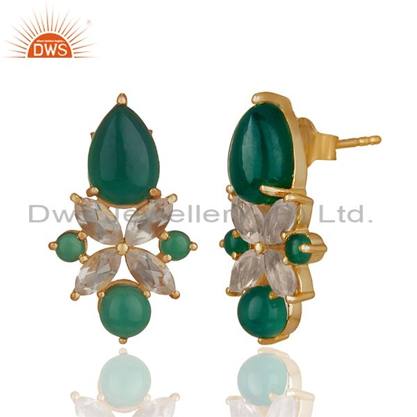Exporter Green Onyx Gemstone 925 Silver Gold Plated Stud Earrings Jewelry