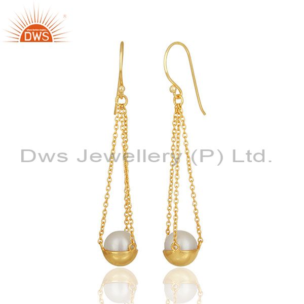 Exporter Natural Pearl Gold Plated Solid 925 Silver Chain Earrings Manufacturer