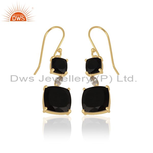 Exporter 14k Gold Plated 925 Silver Black Onyx Gemstone Dangle Earrings Manufacturer
