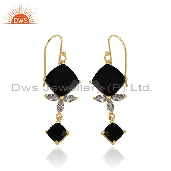 Exporter 925 Silver 14k Gold Plated Black Onyx Gemstone Dangle Earrings Manufacturer
