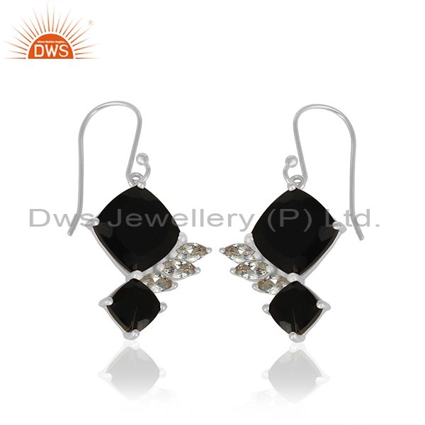 Exporter Black Onyx Gemstone With White Zircon 925 Silver Handmade Drop Earring Wholesale