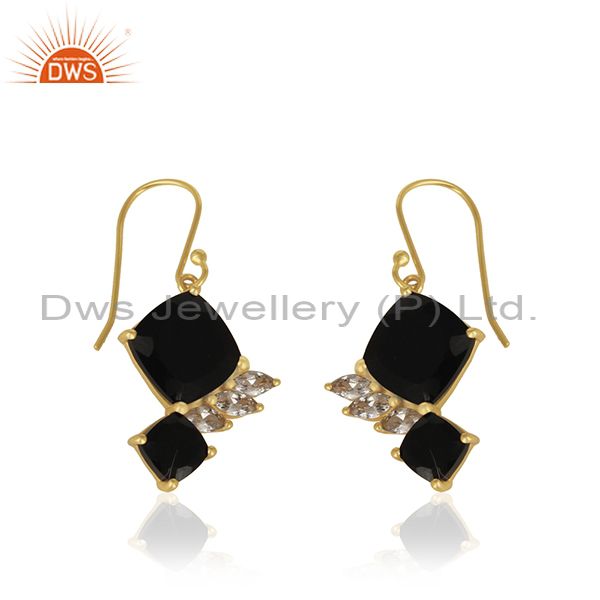 Exporter White Zircon and Black Onyx Gemstone 925 Silver Gold Plated Earrings Supplier