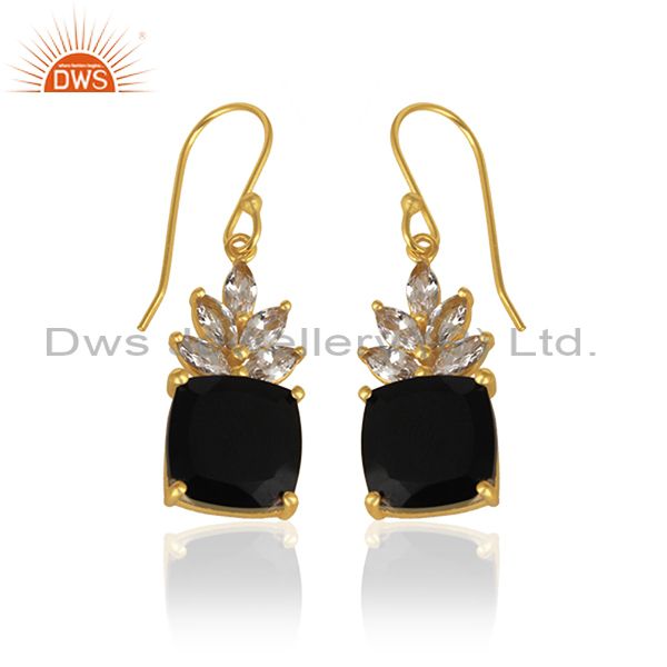 Exporter Cz and Black Onyx Gemstone 925 Silver Gold Plated Custom Earring Manufacturer