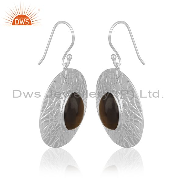 Exporter Smoky Quartz White Rhodium Plated 925 Silver Drop Earrings Wholesale