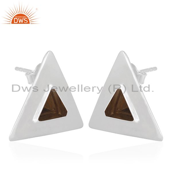 Exporter 92.5 Sterling Silver Triangle Design Smoky Gemstone Stud Earring Manufacturer