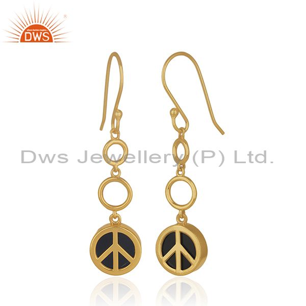 Exporter Gold Plated 925 Sterling Silver Black Gemstone Lucky Peace Charm Earrings