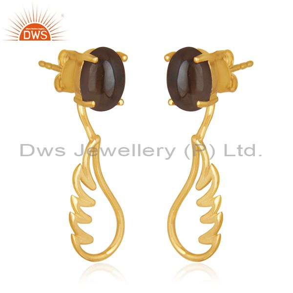 Exporter Gold Plated 925 Sterling Silver Angel Wing Smoky Quartz Earring Manufacturer