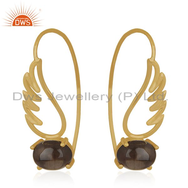 Exporter Angel Wing Gold Plated 925 Sterling Silver Smoky Gemstone Earring Wholesaler