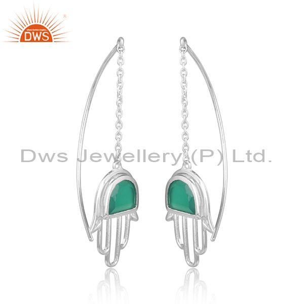Designer hamsa hand silver long dangle with green onyx