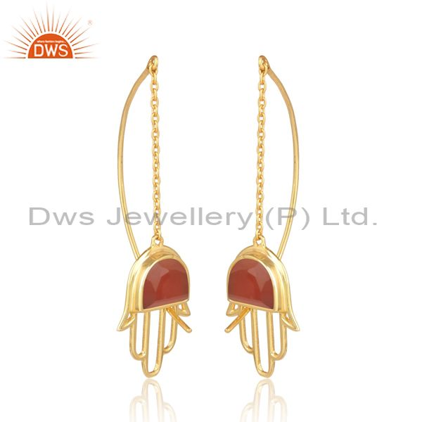 Red onyx set gold on silver hamsa long drop fancy earrings