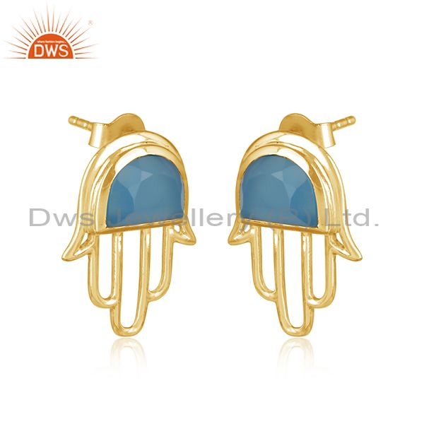 Designer hamsa hand gold on silver studs 925 with blue chalcedony