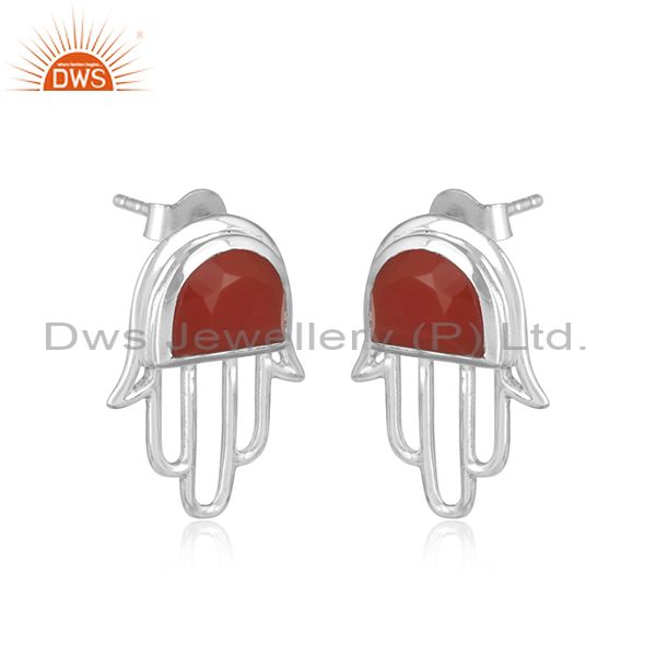 Designer dainty hamsa hand sterling silver 925 studs with red onyx
