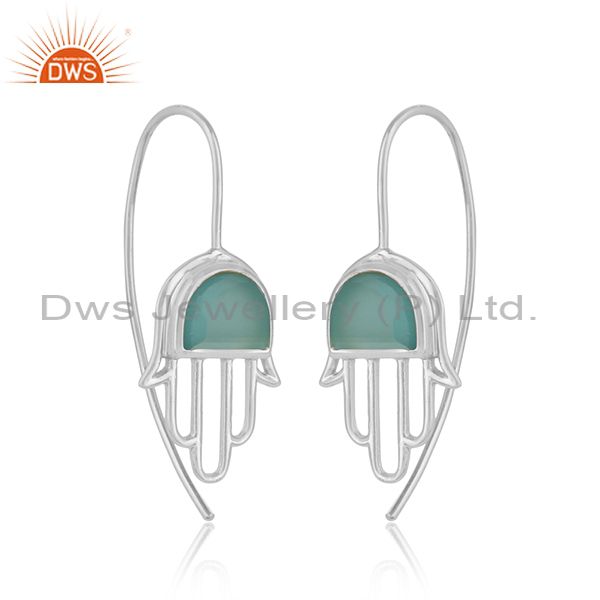 Designer hamsa hand silver 925 earring with aqua chalcedony