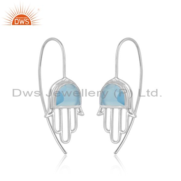 Blue Chalcedony Set White Silver Dangles Earrings
