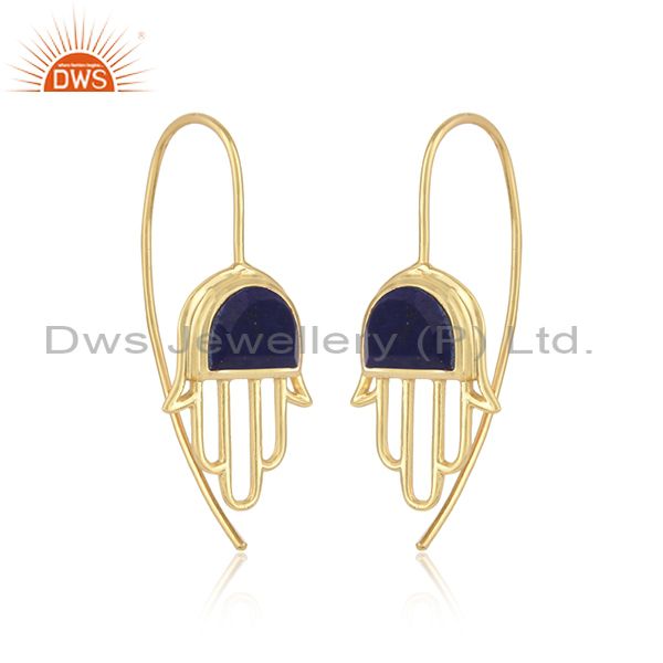 Handcrafted hamsa yellow gold on silver studs with lapis