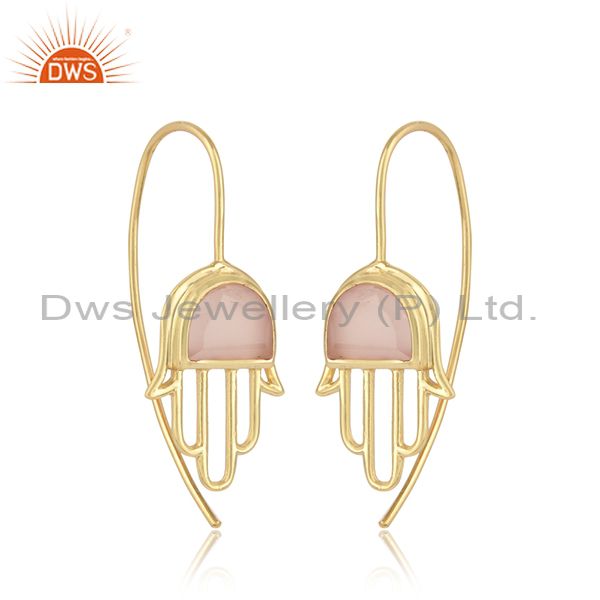 Gold plated silver hamsa hand charm earring with rose chlacedony