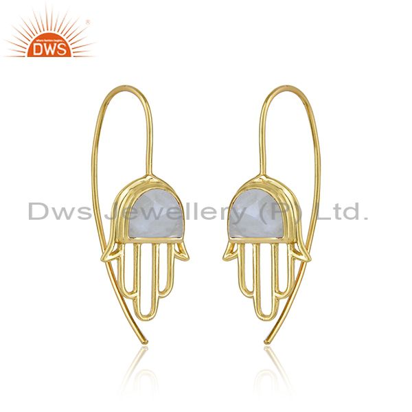 Designer hamsa hand gold on silver rainbow moonstone earring