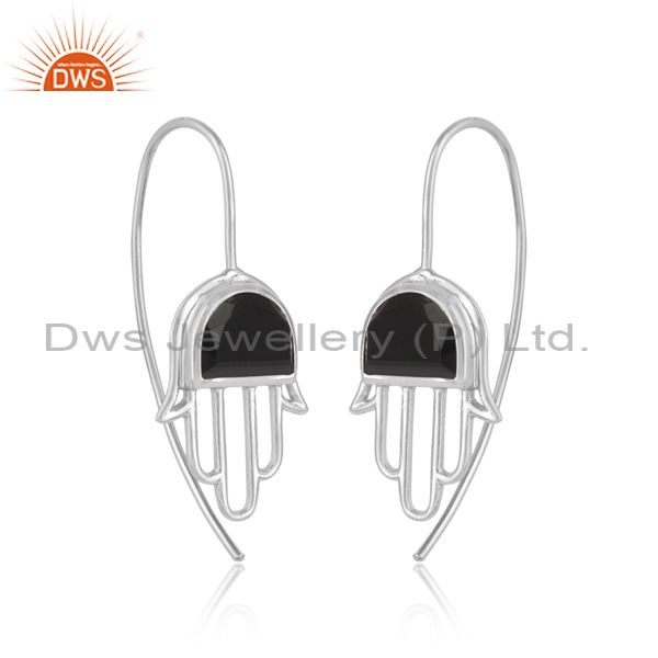 White Silver Dangles Earrings Set With Black Onyx
