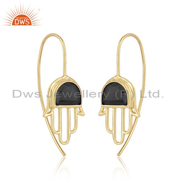 Handcrafted hamsa yellow gold on silver studs with black onyx