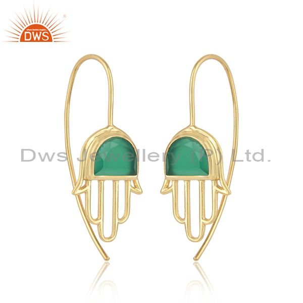 Handcrafted hamsa yellow gold on silver earring with green onyx