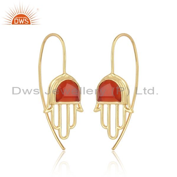 Handcrafted hamsa yellow gold on silver 925 earring with red onyx